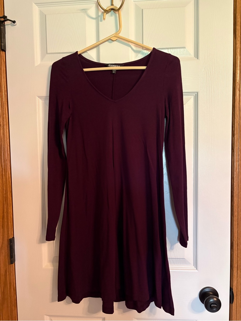 Express Long-Sleeve V-Neck Swing Dress - Plum